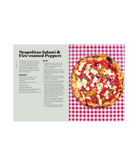 An open cookbook spread showing a recipe for Neapolitan Salami & Fire-roasted Peppers, with the recipe on the left and a photograph of a topped pizza on a red-and-white checkered cloth on the right.