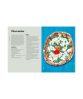 Slice cookbook opened to a spread titled 'Fiorentina' with the recipe on the left and a photo of a round pizza on a blue surface on the right.