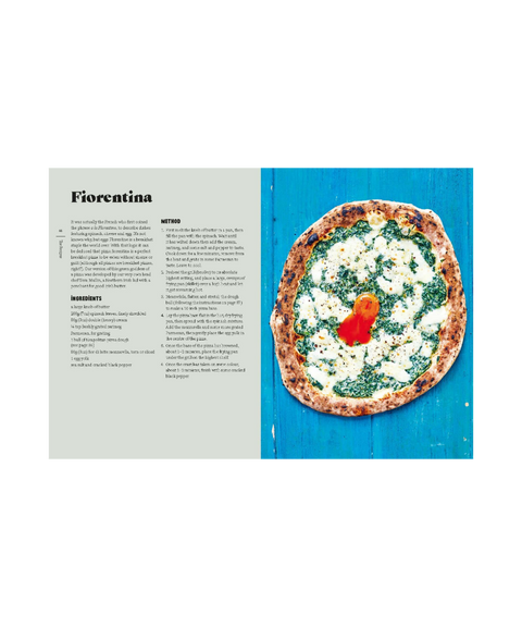 Slice cookbook opened to a spread titled 'Fiorentina' with the recipe on the left and a photo of a round pizza on a blue surface on the right.