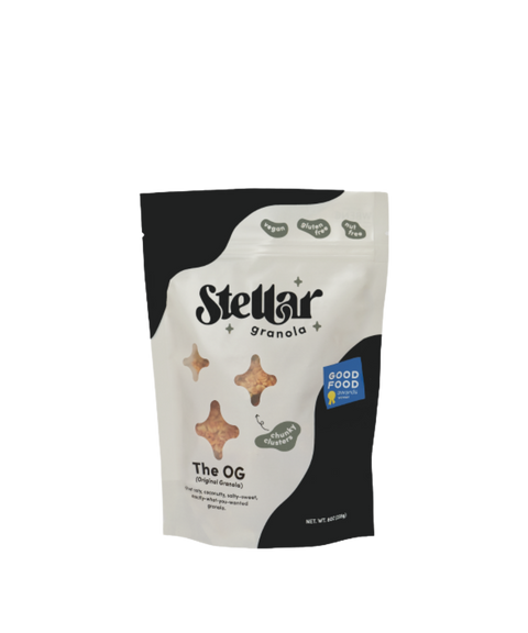 A bag of Stellar Granola in 'The OG' flavor with a black and white graphic design.