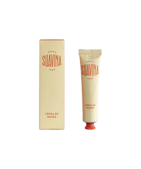 Suavina original hand cream tube and matching cream box with a coral colored logo.