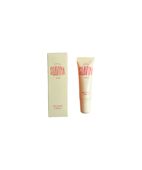 Suavina original lip balm in a cream-colored tube next to its matching cream packaging box with coral branding.