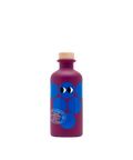 A purple bottle of Yiayia and Friends Aged Balsamic Vinegar with blue circles, cartoon eyes and a wooden cap.
