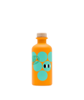 An orange bottle of Yiayia and Friends White Balsamic Vinegar with aqua circles, cartoon eyes and a wooden cap.